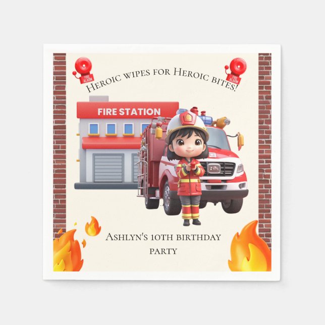 Guardanapo De Papel Cute Adorable 3D Firefighter Girl with Fire Truck (Frente)