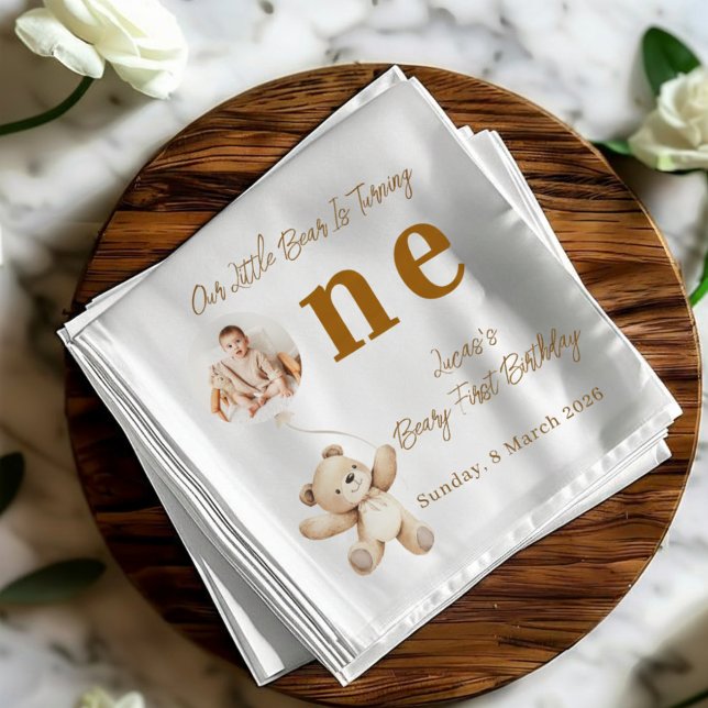Guardanapo De Papel Cute Bear First Birthday Photo Party Napkins (Criador carregado)