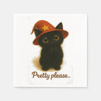 Guardanapo De Papel Cute Black Cat Emi Begging Pose – Kawaii Witch Hat