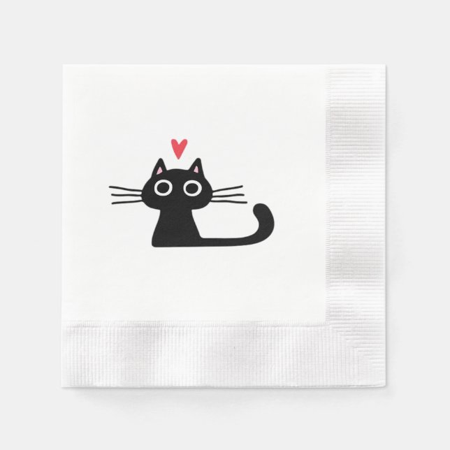 Guardanapo De Papel Cute Black Cat with Heart  Kitten Valentine Classi (Frente)