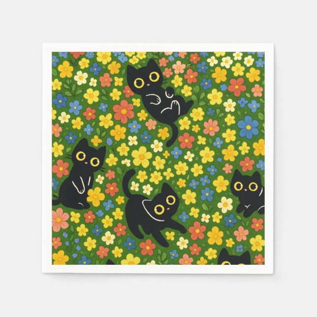 Guardanapo De Papel Cute Black Cats Floral Meadow Pattern (Frente)