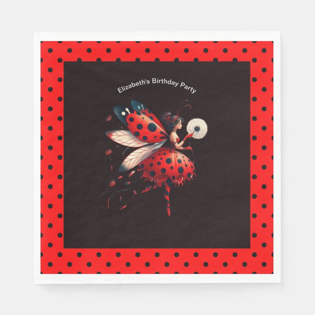 Guardanapo De Papel Cute Black & Red Ladybug Fairy Birthday Party  (Frente)