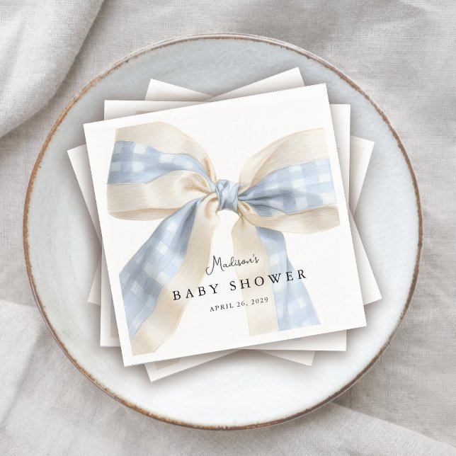 Guardanapo De Papel Cute Blue Gingham Checks Bow Baby Shower (Criador carregado)