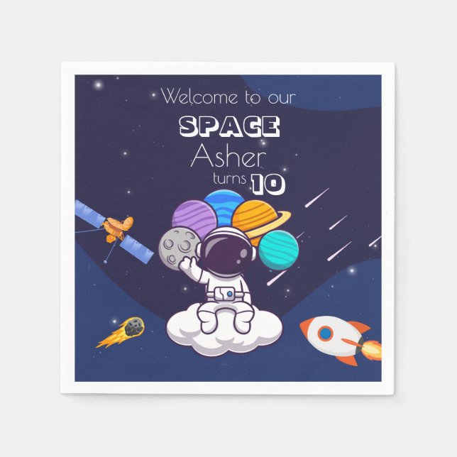 Guardanapo De Papel Cute Blue Space Astronaut Personalize Birthday Boy (Frente)