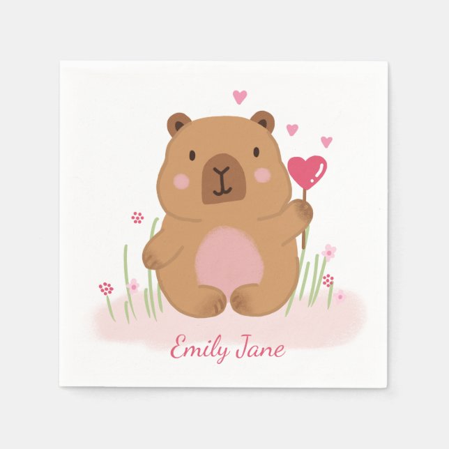 Guardanapo De Papel Cute Capybara Personalized Pink Baby Shower  (Frente)