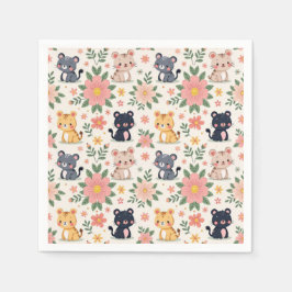 Guardanapo De Papel Cute Cartoon Jungle Cats and Flowers