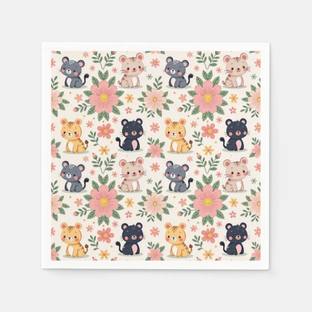Guardanapo De Papel Cute Cartoon Jungle Cats and Flowers (Frente)