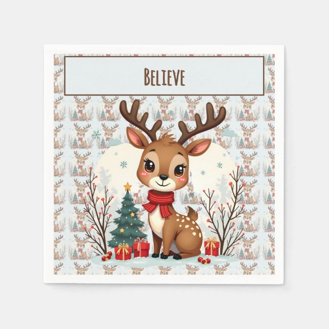 Guardanapo De Papel Cute Christmas Reindeer Scene Snowy Forest (Frente)