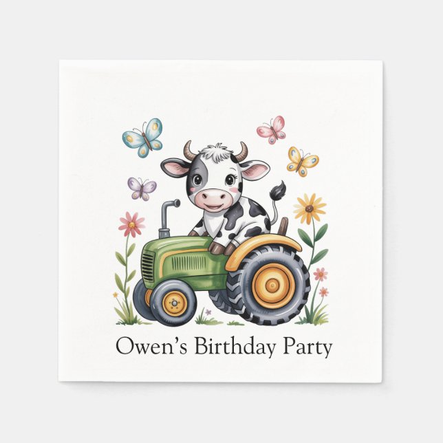 Guardanapo De Papel Cute Cow on Tractor Boy Birthday Party (Frente)