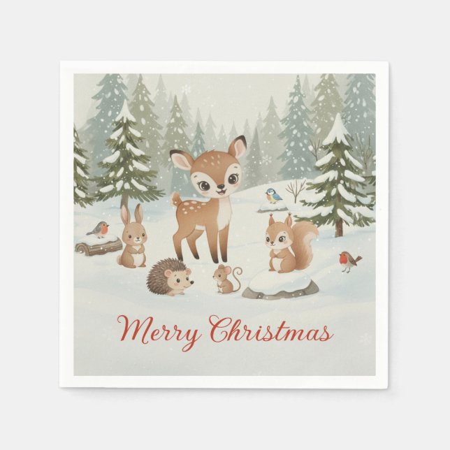 Guardanapo De Papel Cute Deer and Woodland Animals Merry Christmas (Frente)
