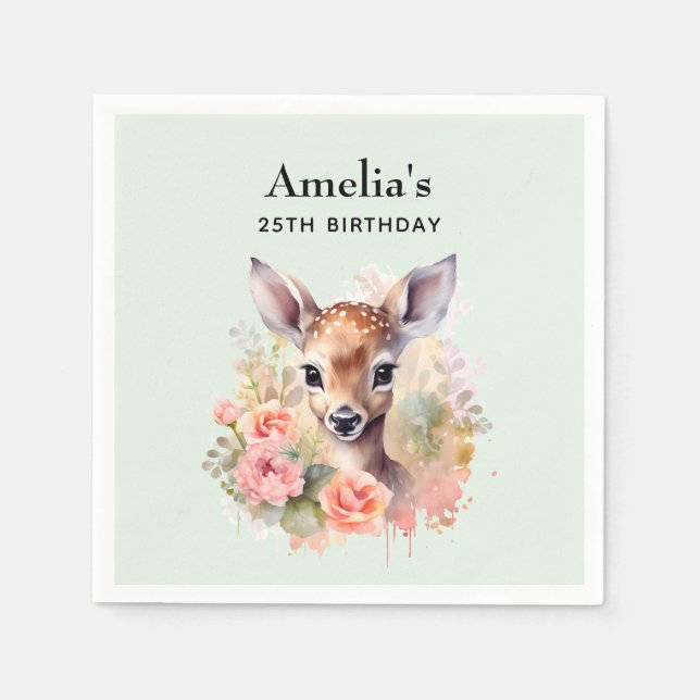Guardanapo De Papel Cute Deer Cercado Por Rosas Aniversário (Frente)