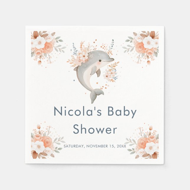 Guardanapo De Papel Cute Floral Dolphin  Baby Shower (Frente)