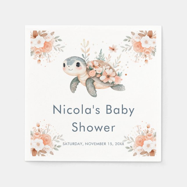 Guardanapo De Papel Cute Floral Turtle Baby Shower (Frente)