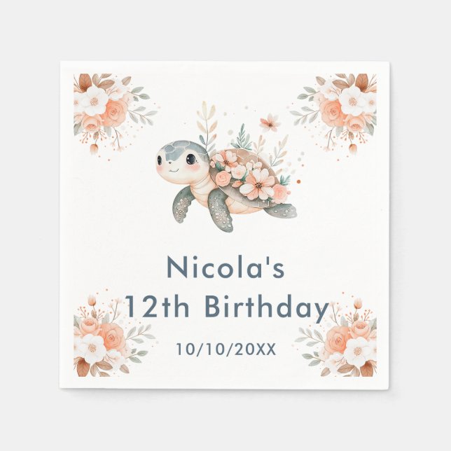 Guardanapo De Papel Cute Floral Turtle Birthday Party (Frente)