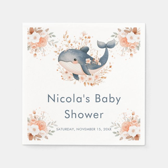Guardanapo De Papel Cute Floral Whale Baby Shower (Frente)