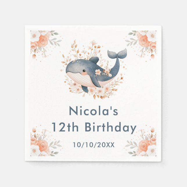 Guardanapo De Papel Cute Floral Whale Birthday Party (Frente)