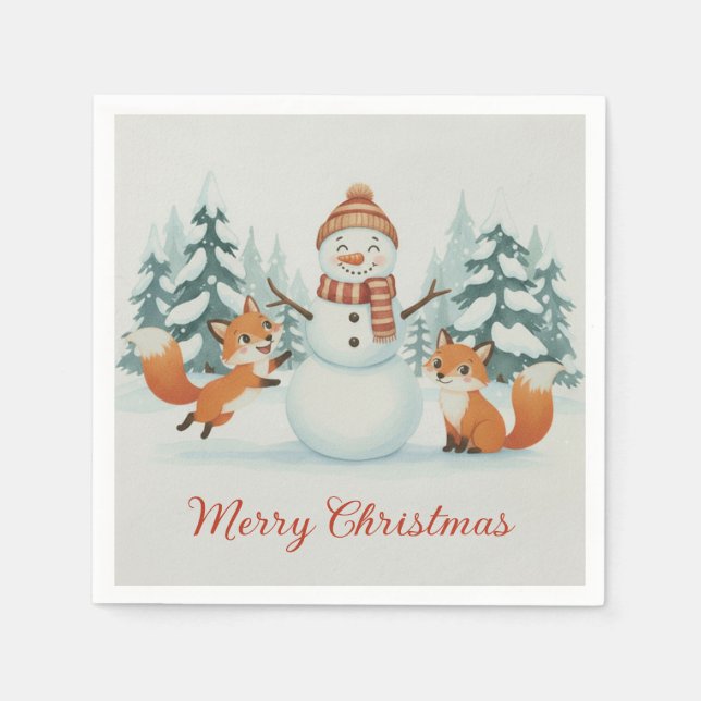 Guardanapo De Papel Cute Foxes and Snowman Merry Christmas (Frente)