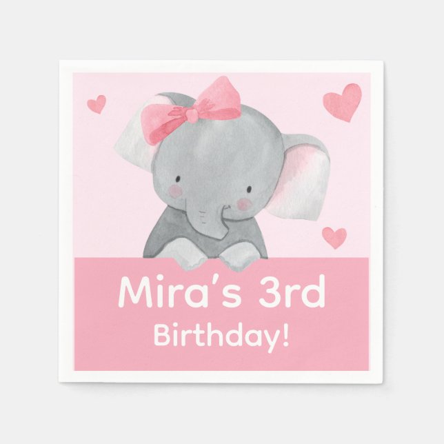 Guardanapo De Papel Cute Girly Elephant Pink Bow Birthday Party  (Frente)