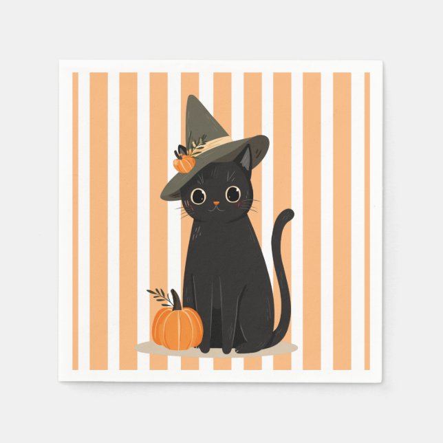Guardanapo De Papel Cute Halloween Black Cat with Witch Hat Pumpkin (Frente)
