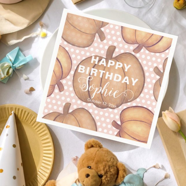 Guardanapo De Papel Cute Happy Birthday Pink & Orange Pumpkin Party  (Criador carregado)