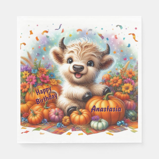 Guardanapo De Papel Cute Highland Cow Fall Birthday Party Napkins (Frente)