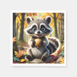 Guardanapo De Papel Cute Kawaii style Racoon segurando uma bolota
