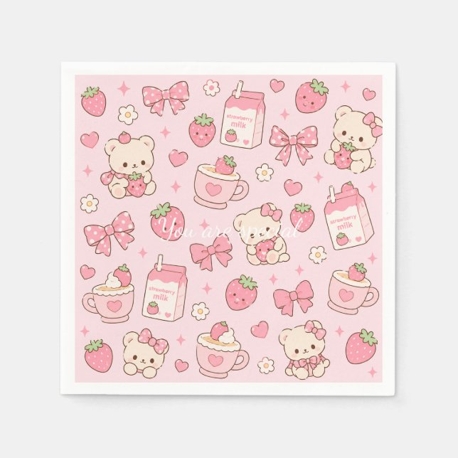 Guardanapo De Papel Cute Kawaii Teddy Bear Strawberry Pattern Sticker  (Frente)