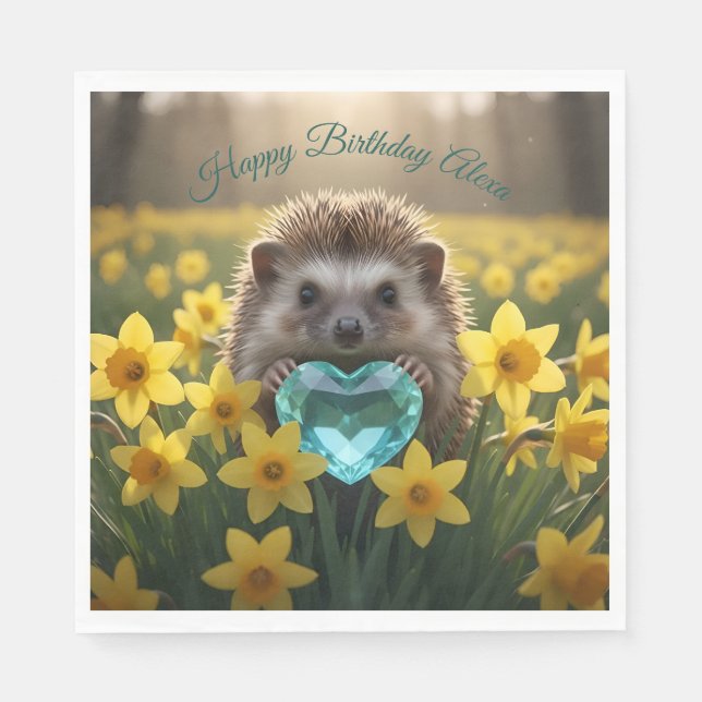 Guardanapo De Papel Cute March Hedgehog with Aquamarine Heart (Frente)