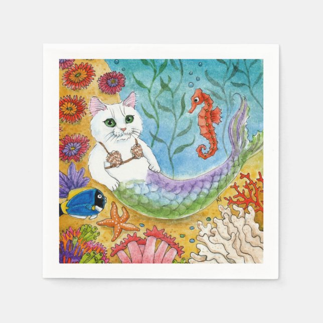 Guardanapo De Papel Cute mermaid white cat mercat party napkins (Frente)