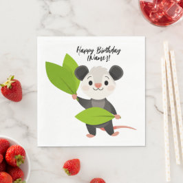 Guardanapo De Papel Cute Opossum Green Leaves & Happy Birthday