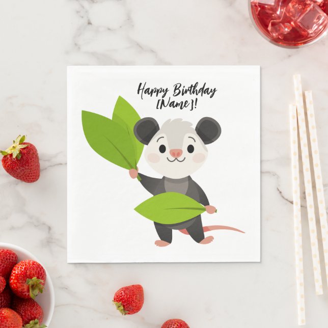 Guardanapo De Papel Cute Opossum Green Leaves & Happy Birthday (Insitu)