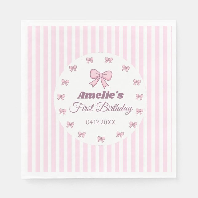 Guardanapo De Papel Cute Pink Bow 1st Birthday Party (Frente)
