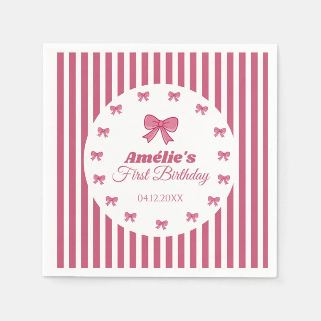 Guardanapo De Papel Cute Pink Bow Girl First Birthday  (Frente)