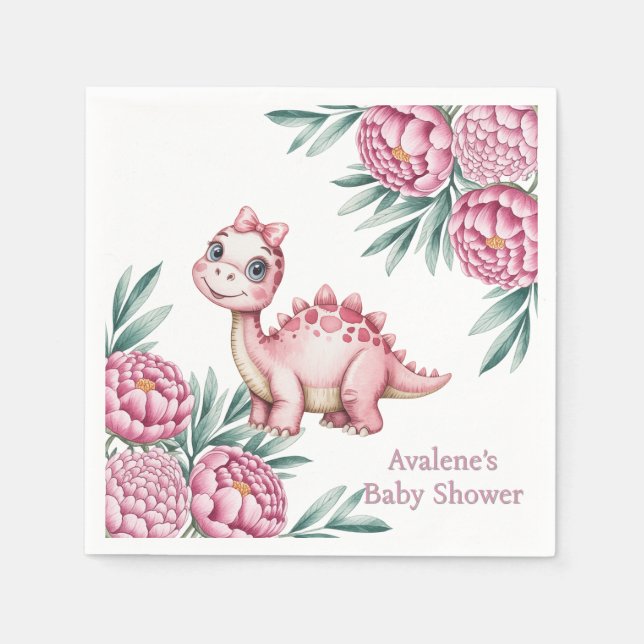 Guardanapo De Papel Cute Pink Dinosaur and Peony Baby Shower (Frente)