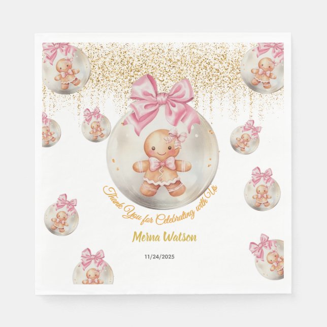Guardanapo De Papel  Cute Pink Gingerbread Girl in Christmas Bauble  (Frente)
