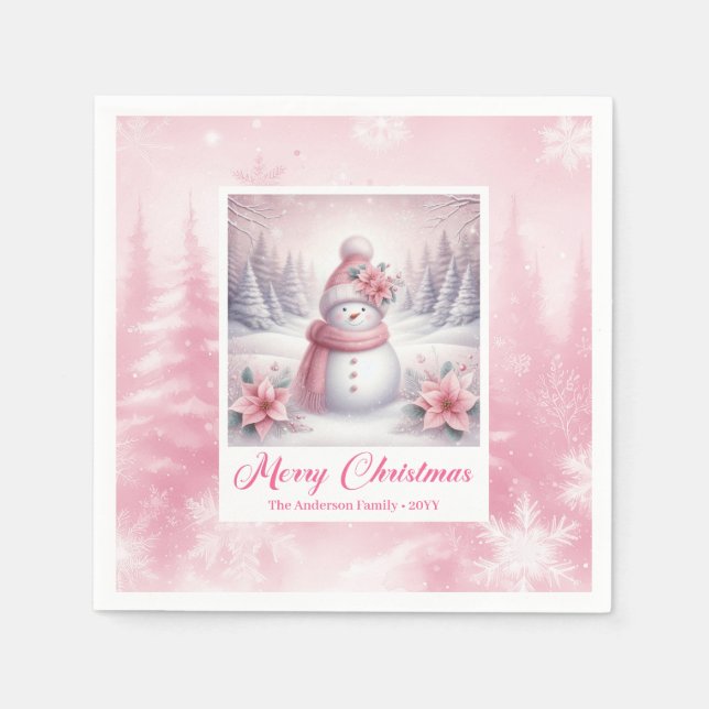 Guardanapo De Papel Cute Pink Snowman Christmas Napkin Winter Scene (Frente)