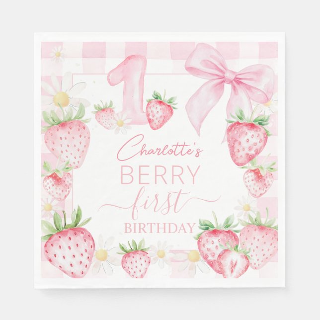 Guardanapo De Papel Cute Pink Strawberries Berry First 1st Birthday (Frente)