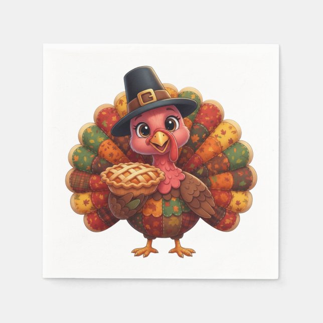 Guardanapo De Papel Cute Quilted Patchwork Turkey | Pilgrim Hat Pie  (Frente)