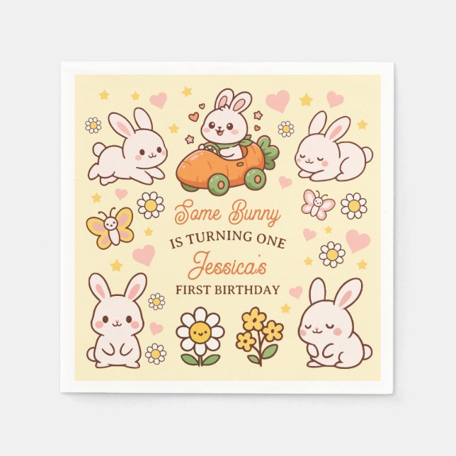 Guardanapo De Papel Cute Rabbits Floral Easter Kids' Birthday Party (Frente)