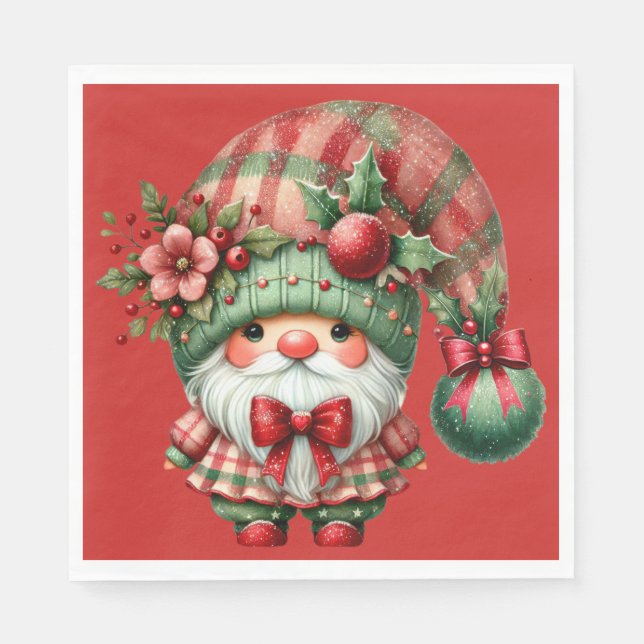 GUARDANAPO DE PAPEL CUTE RED AND GREEN HOLIDAY CHRISTMAS GNOME (Frente)