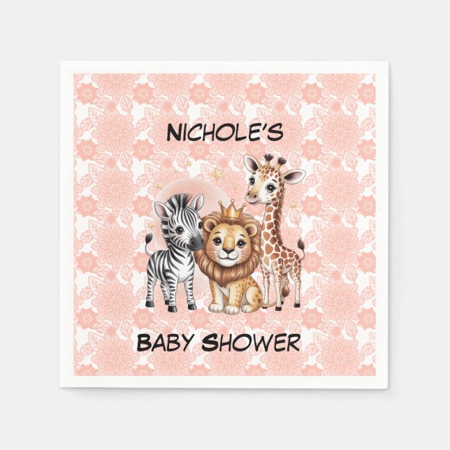 Guardanapo De Papel Cute Safari Animals Pink Florals Girl Baby Shower (Frente)