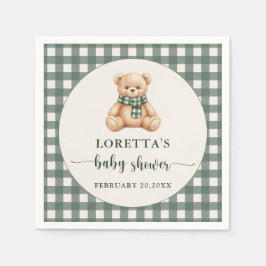 Guardanapo De Papel Cute Teddy Bear Rustic Green Plaid Baby Shower 