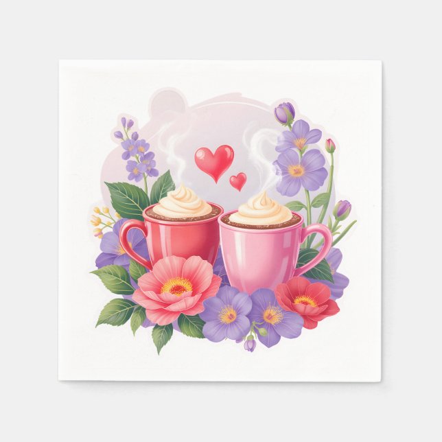 Guardanapo De Papel Cute Valentine Cocoa Mugs with Flowers & Hearts (Frente)