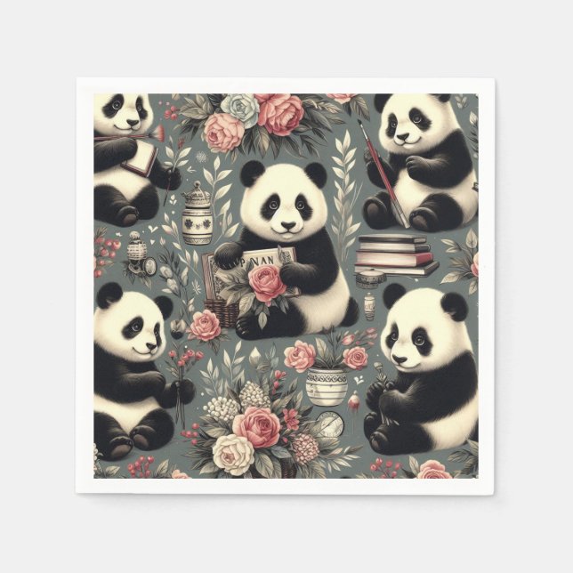 Guardanapo De Papel Cute Vintage Panda Floral (Frente)