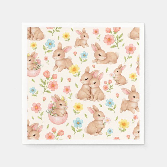 Guardanapo De Papel Cute Watercolor Bunnies & Flowers Pattern (Frente)
