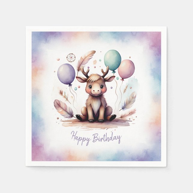 Guardanapo De Papel Cute Watercolor Moose with Balloons Birthday  (Frente)