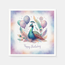 Cute Watercolor Peacock Balloons Birthday 