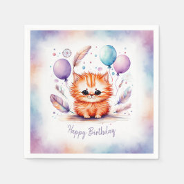 Guardanapo De Papel Cute Watercolor Red Kitten Balloons Birthday 