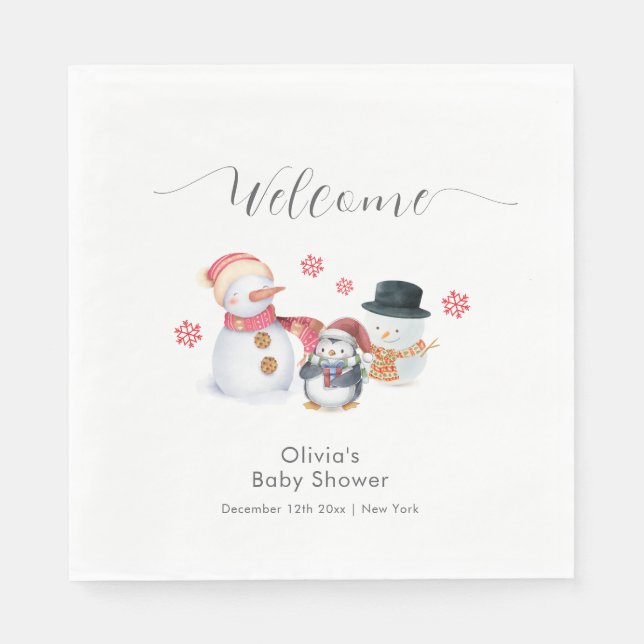 Guardanapo De Papel Cute Winter Penguin Snowman Baby Shower Welcome  (Frente)