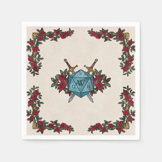 Guardanapo De Papel D20 Rosas Monograma RPG Casamento  (Frente)